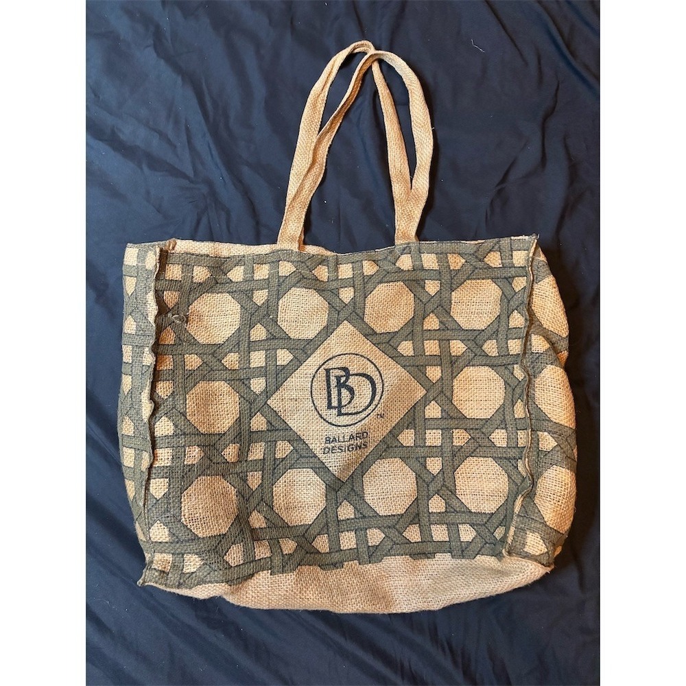 Ballard Designs Tote Bag L Natural/Tan Gray Geometric Logo Reusable jute boho BD